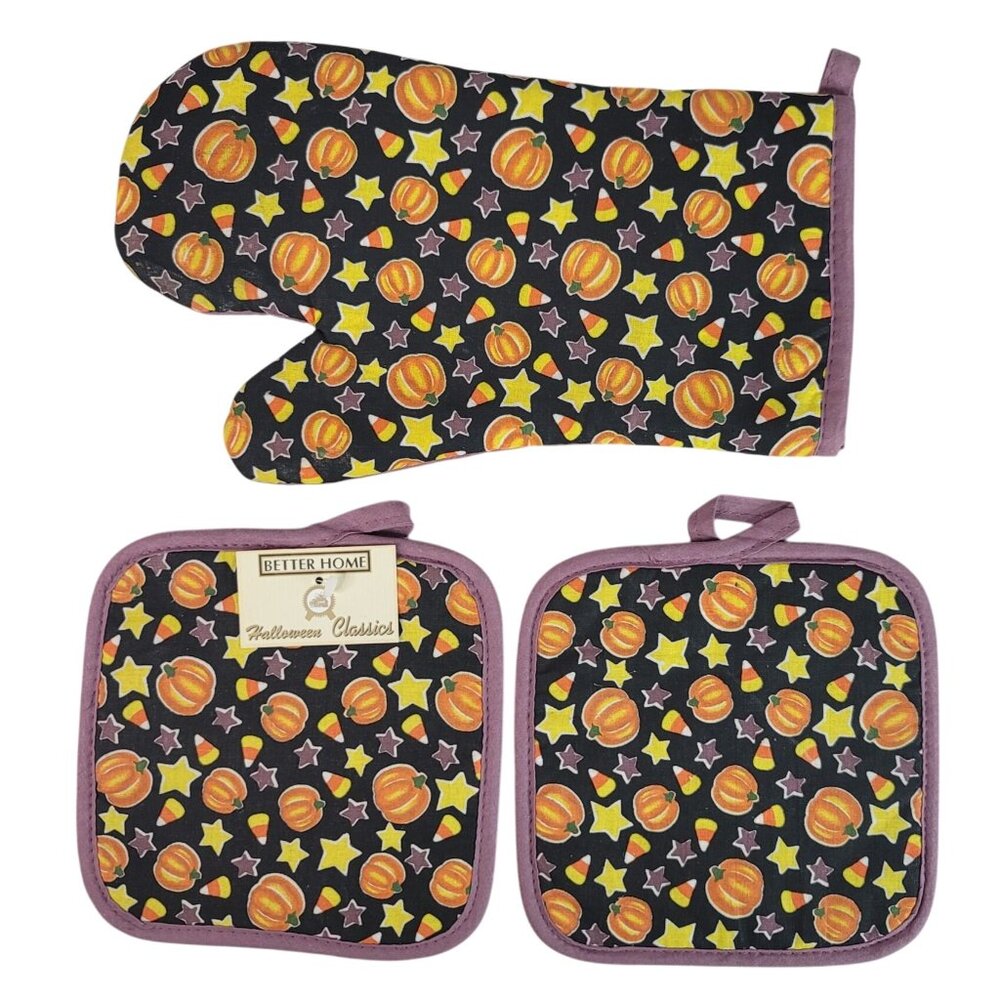 Better Home Potholder Oven Mitt Set of 3 Purple Black Pumpkins Stars Candy NEW
